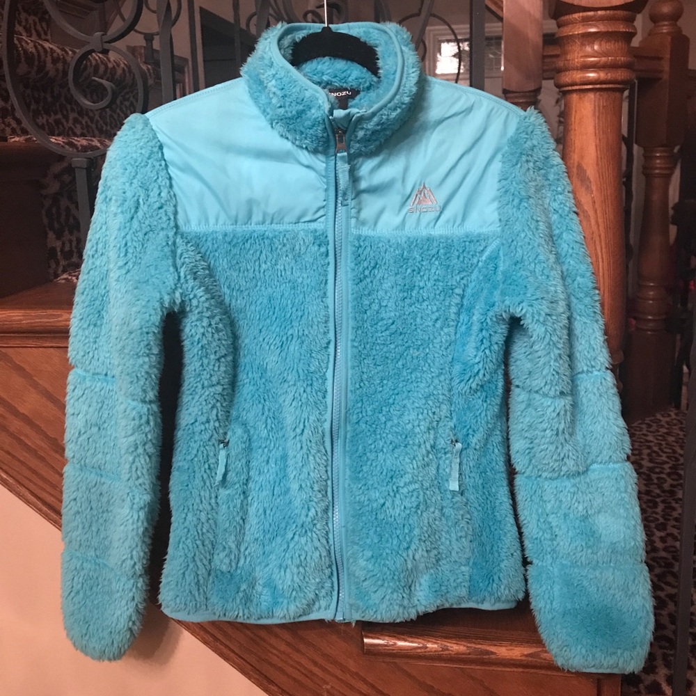 Girls pretty turqouise thick pile fleece jacket.